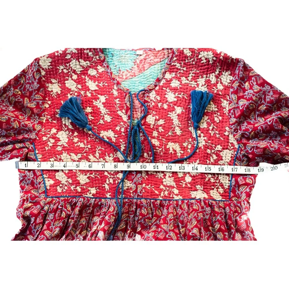 Indian Boho Block Print Hand Stitched Red Kantha Bodice Maxi Dress Sz Small - Picture 8 of 11